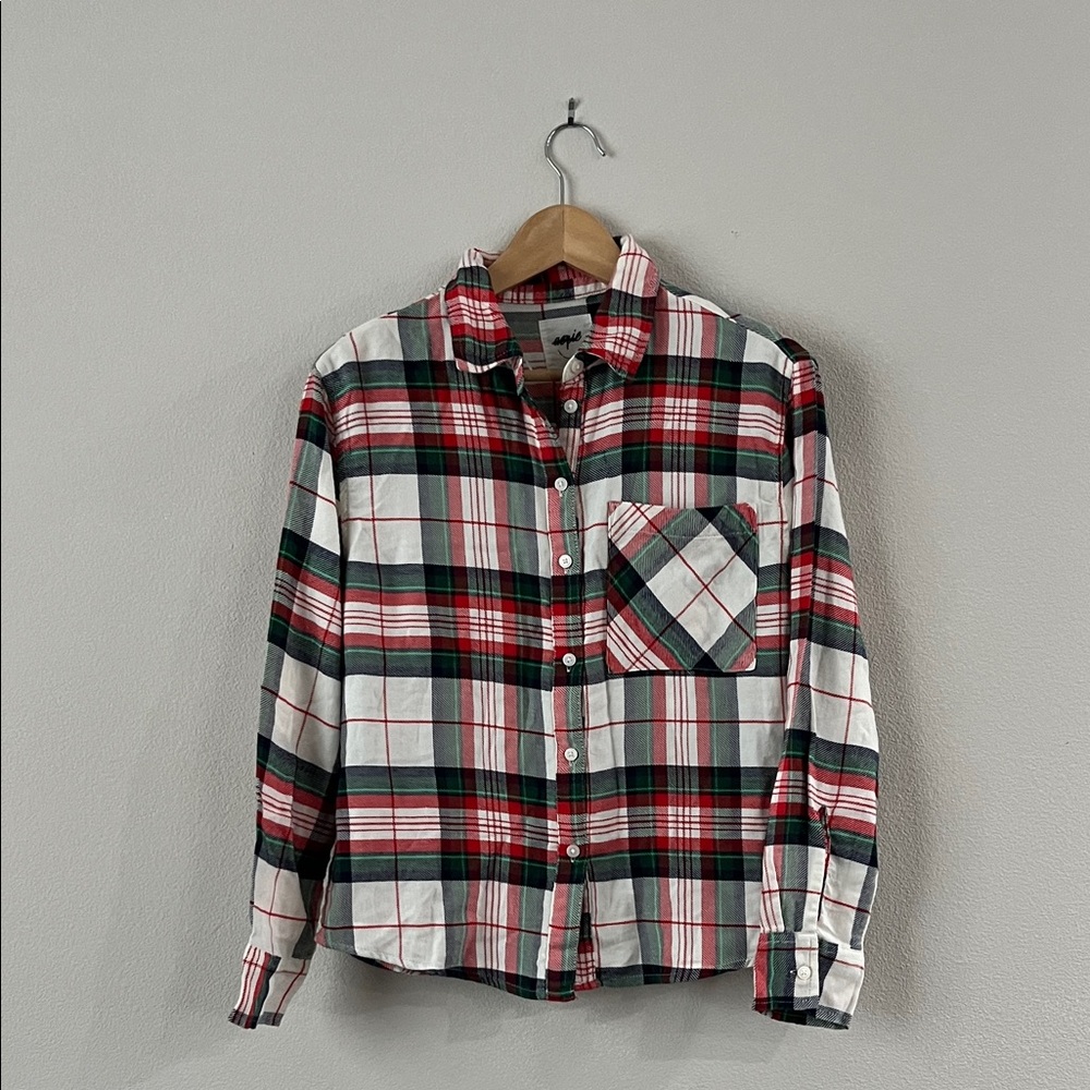 Aerie Plaid Casual Button Down Flannel Shirt Red Green XS NWOT